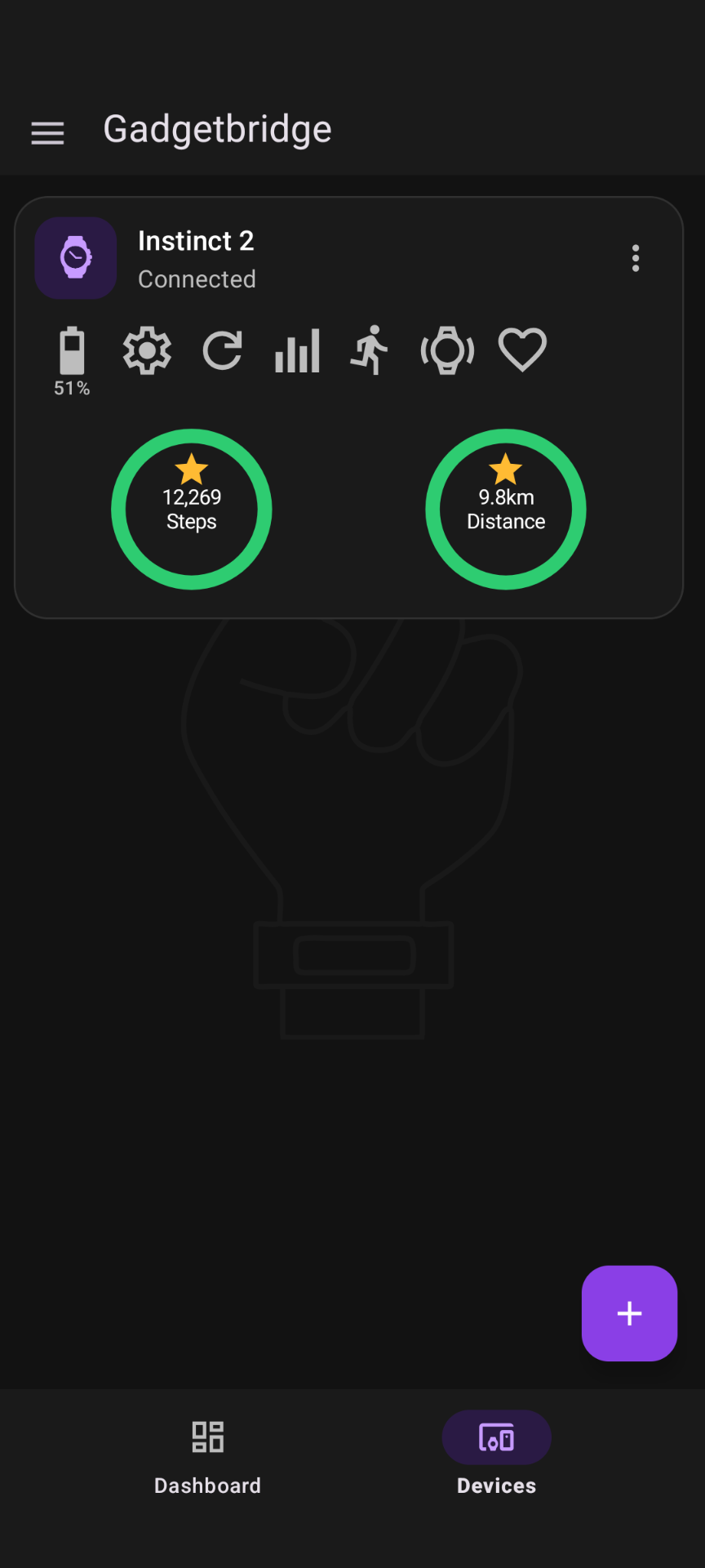 Gadgetbridge App-Dashboard zeigt verbundene Instinct 2 Smartwatch mit 51% Akku, 12.269 Schritten und 9,8 km zurückgelegter Distanz