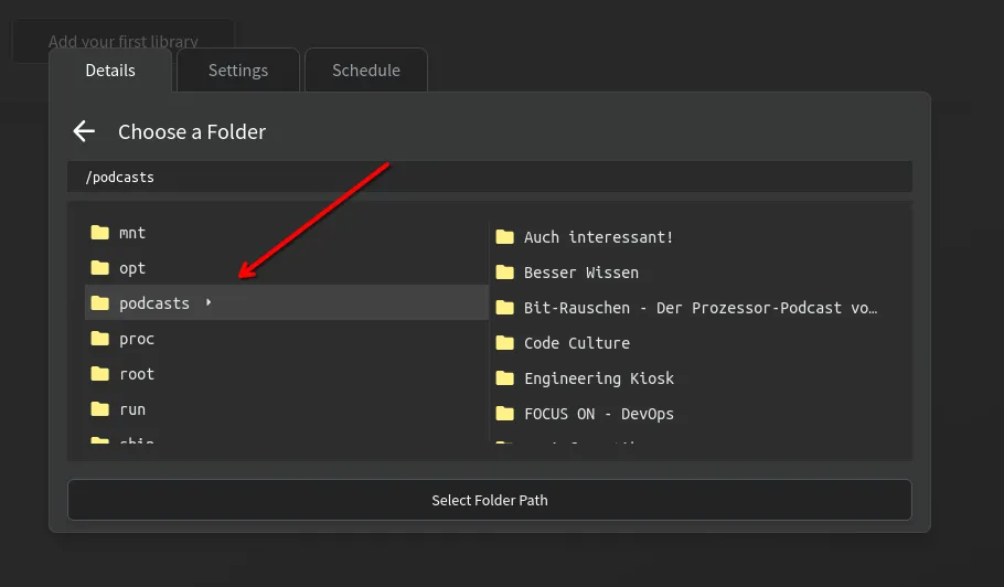 Podcast-Ordner auswählen