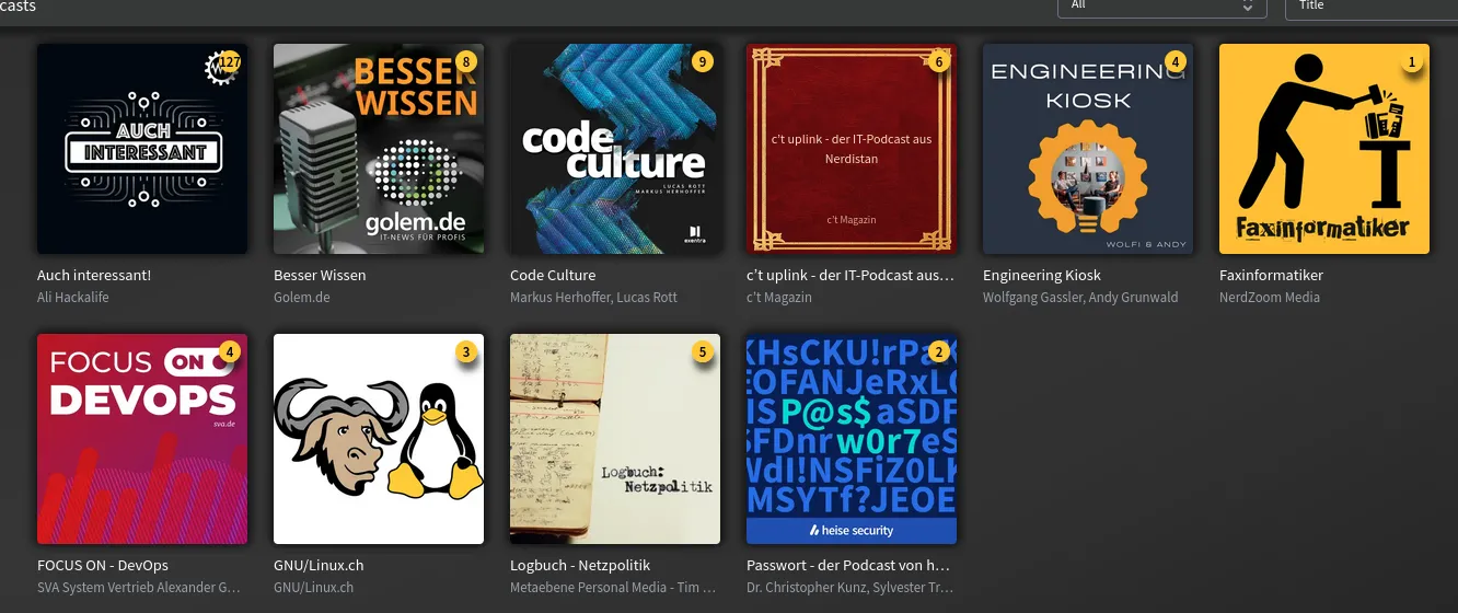 Übersicht der Podcast-Bibliothek in Audiobookshelf